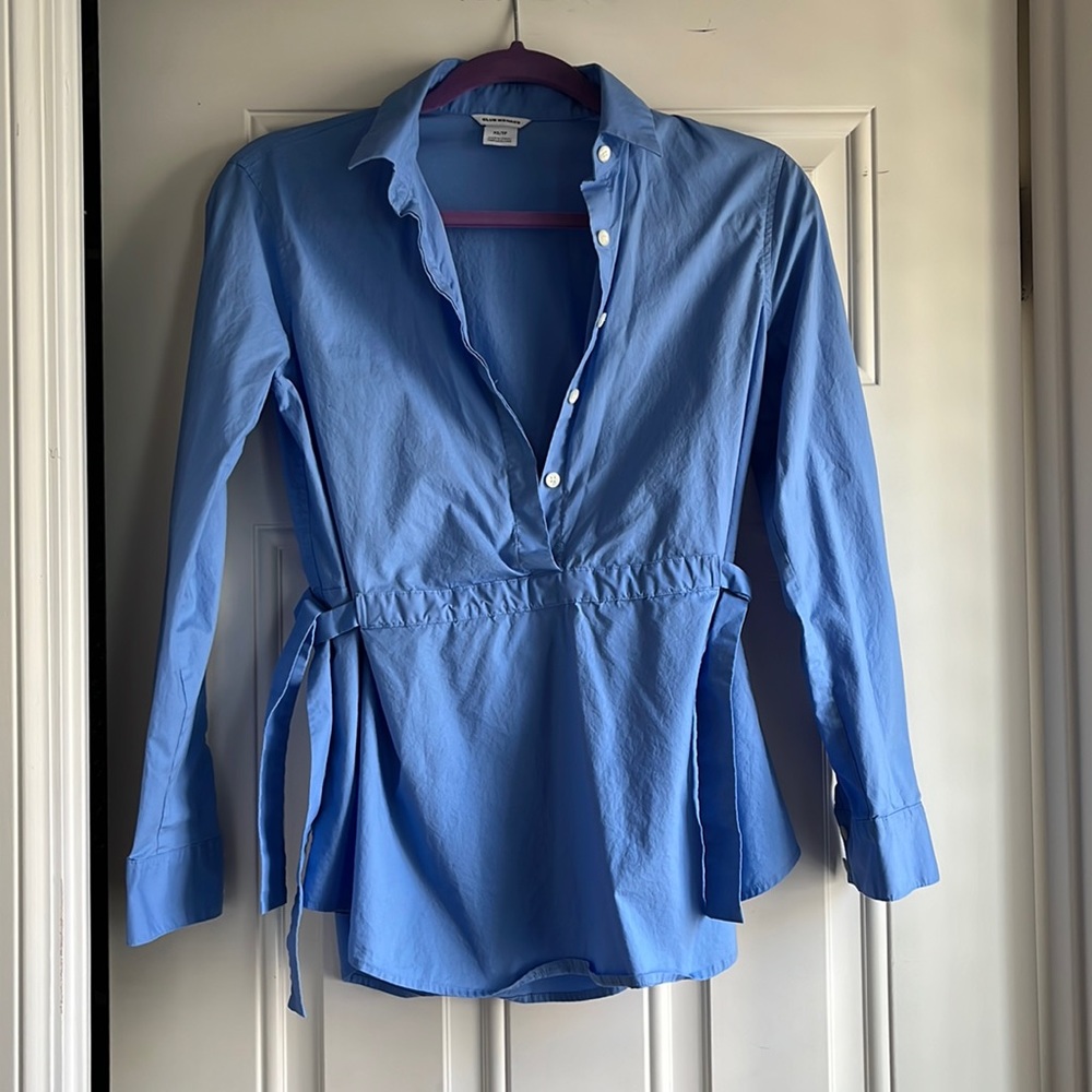 Club Monaco tie waist blue poplin shirt in xs